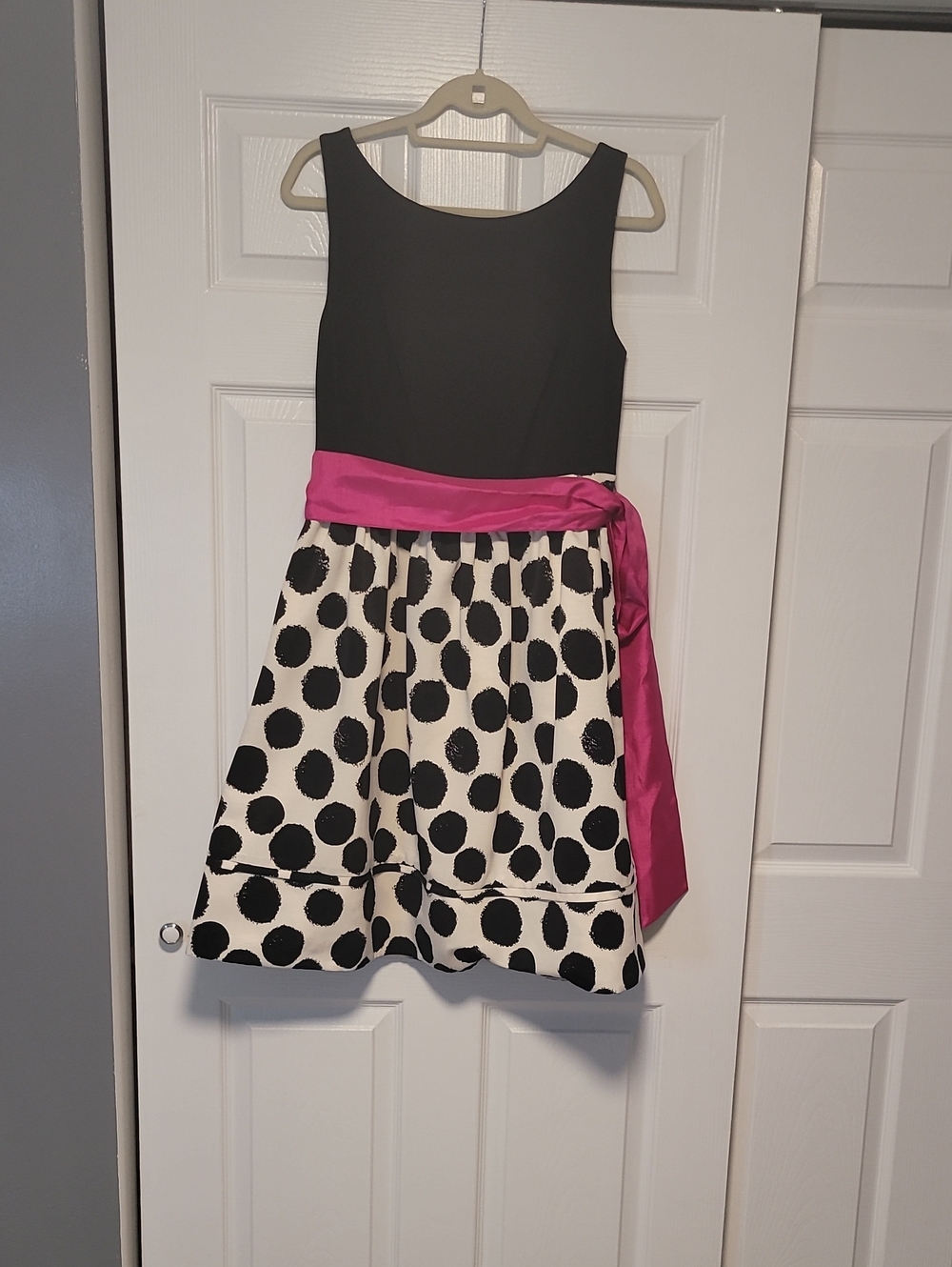 Eliza J Black Bodice Polka Dot Midi Dress with Pink Sash